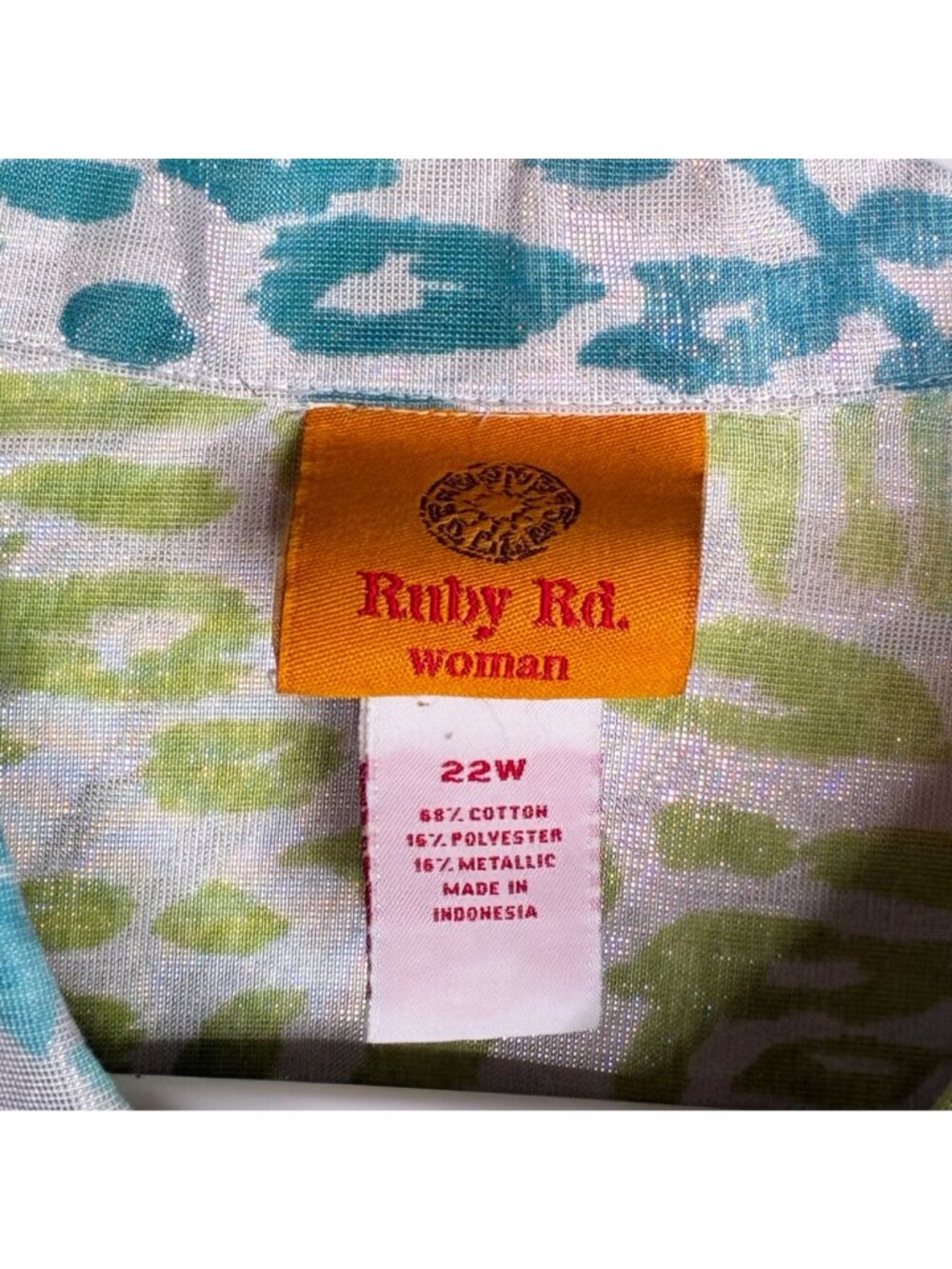 Ruby Rd Womens 22W Shirt Green Blue Abstract Print Cotton Blend Long Sleeve⁠ - Picture 3 of 7